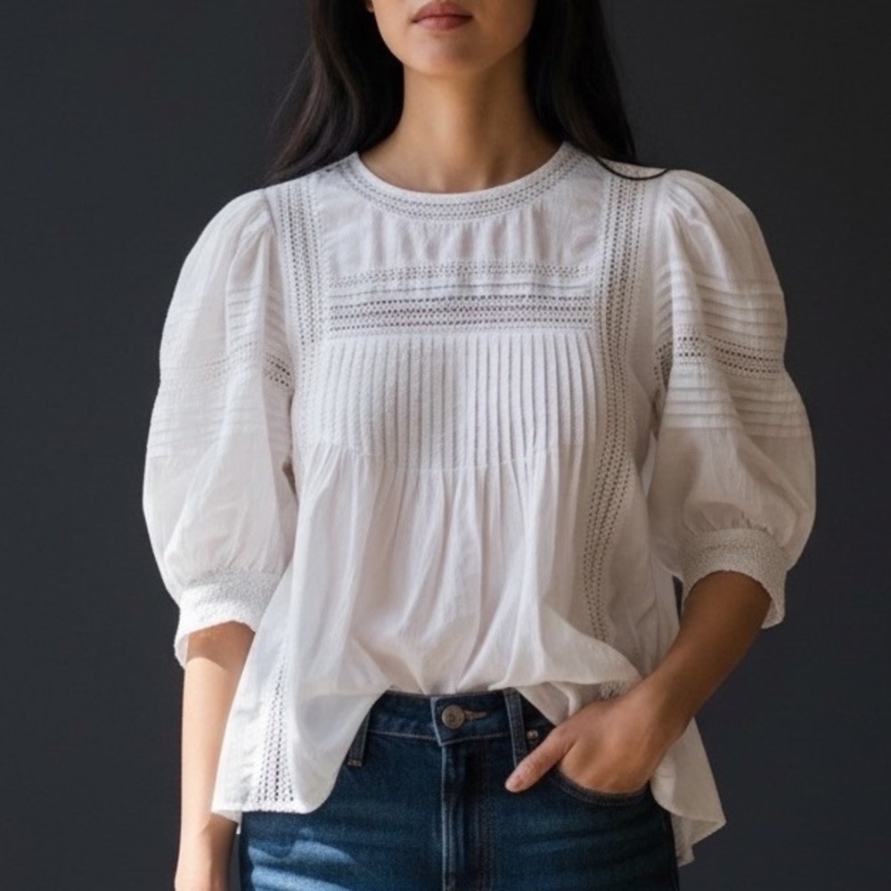 Womens 4 HOSS INTROPIA Boho Bohemian Blouse White Romance Pleated Balloon Sleeve